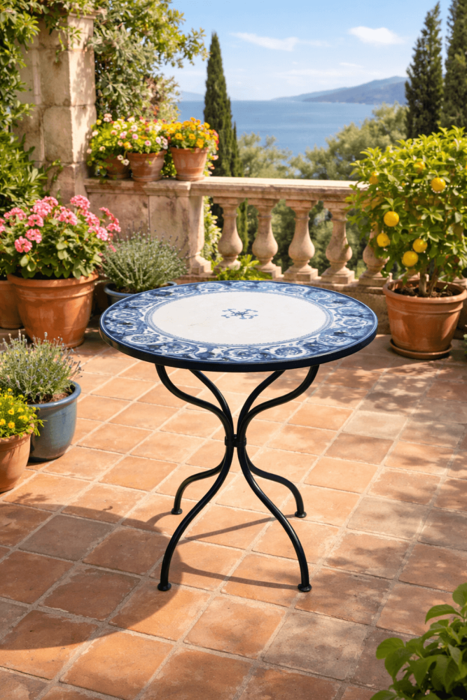 Table ronde en pierre de lave avec plateau en majolique peinte à la main – résistante au gel et aux intempéries